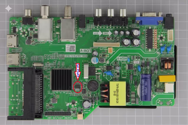 25Q64 SPI flash memory IC location on TP.MS3663S.PA671 board for RT809H programmer