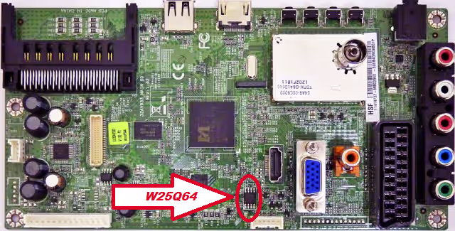 W25Q64 SPI Flash IC location on 32AV933 MAIN BD REV 1.02 for Toshiba 26EL934G