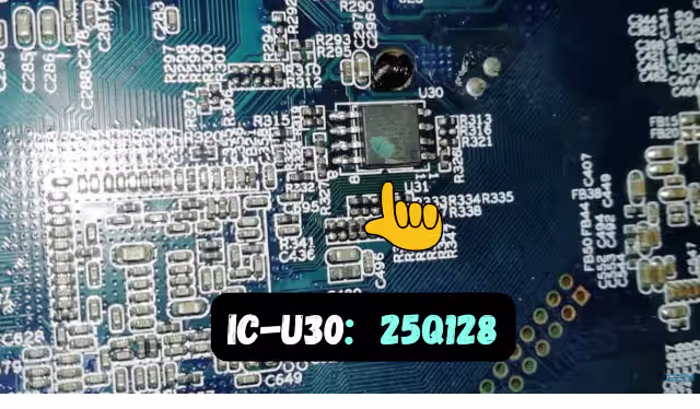 SPI Flash 25Q128 chip location on Dahua D1515 main board — marked with red arrow for easy identification