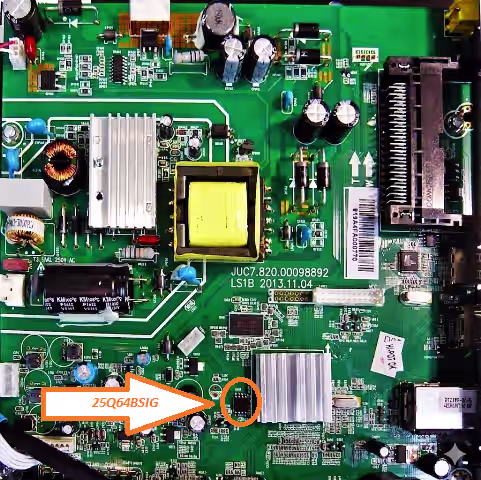 25Q64BSIG SPI flash chip highlighted on JUC7.820.00098892 main board for BBK 28LEM-1003/T2N