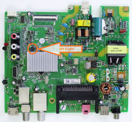 25Q64 SPI flash chip location on MS36639-ZC01-01 main board HAIER H32E06S with pin 1 indicator