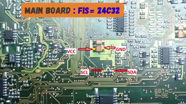 Blaupunkt MCD Radio Navigation System FIS memory pinout diagram showing pin connections for 24C32 EEPROM reading