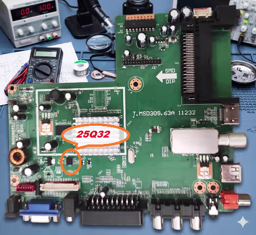 T.MSD309.63A SPI Flash 25Q32 chip location on main board