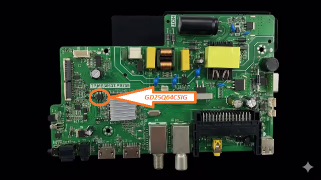 GD25Q64CSIG SPI flash chip location at UF1 on TP.MS3663T.PB759 board
