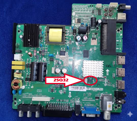 25Q32 SPI flash IC location highlighted on TP.SIS231.P83 main board for CHANGHONG LED39C1600