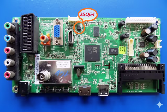 25Q64 SPI flash chip location on TOSHIBA 32AV933 main board REV 1.02 close-up view