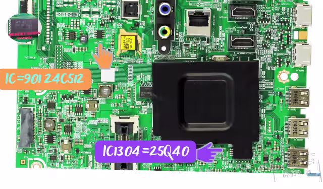 SPI 25Q40 flash chip location on BN41-02156A board close-up for firmware programming