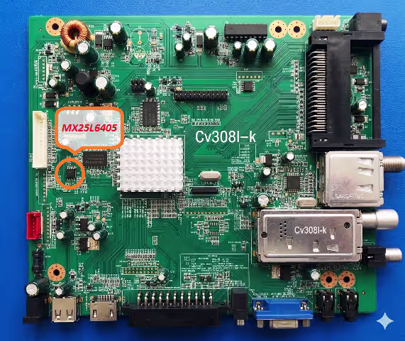 MX25L6405 SPI flash chip location on CV308L-K board for CMX LED8245F