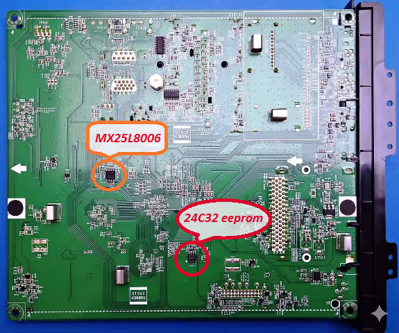 SPI IC1401 MXL25L8006E and EEPROM IC104 24C32 locations on EAX64272802