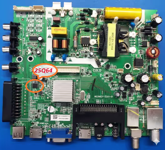 SPI flash 25Q64 chip pin index and orientation diagram for RT809H programmer connection on MS34631-ZC01-01 board