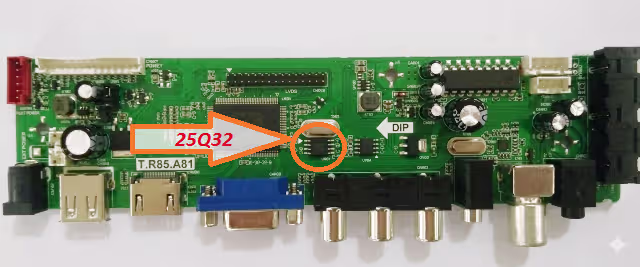 25Q32 SPI flash memory chip location on T.R83.A81 board for firmware programming