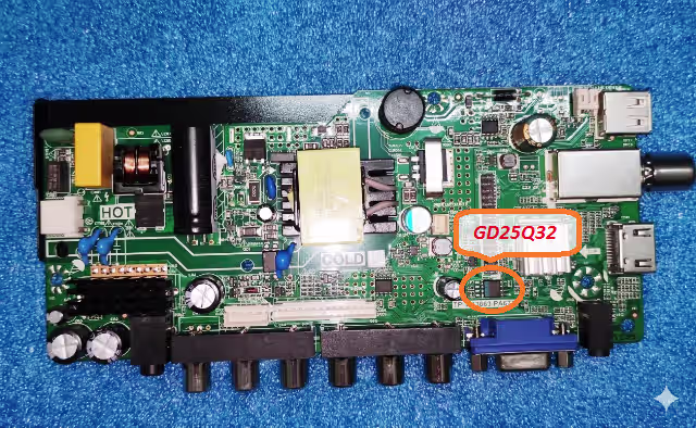 GD25Q32 SPI flash IC location on Tp.ms3663.pa671 board for Nikai Ntv2400ledt firmware programming